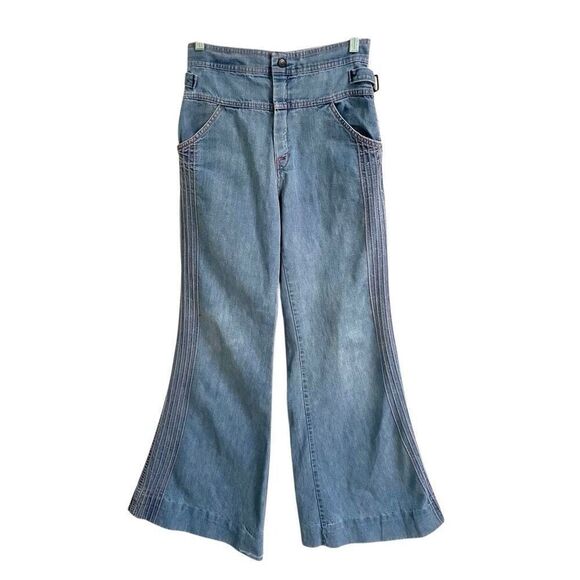 Vintage 80s flare wide leg hippie jeans womens *26 blue denim with red stitching - Picture 1 of 13
